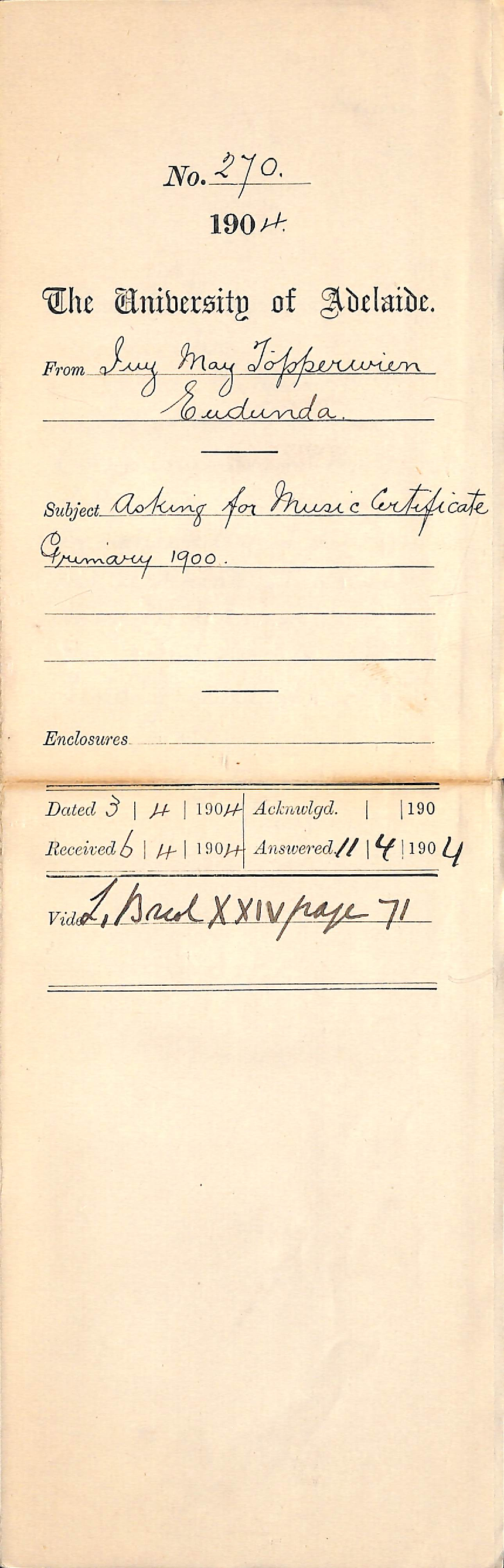 Asking for Music Certificate Primary 1900