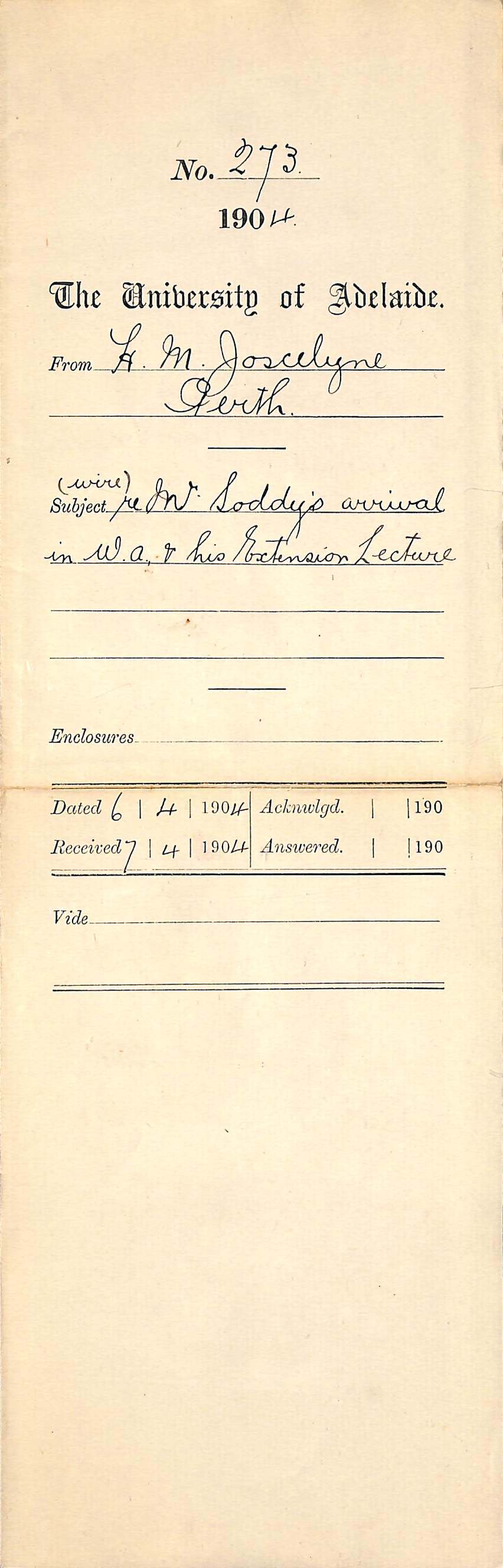 Wire re Mr Soddys arrival in WA and his Extension Lecture