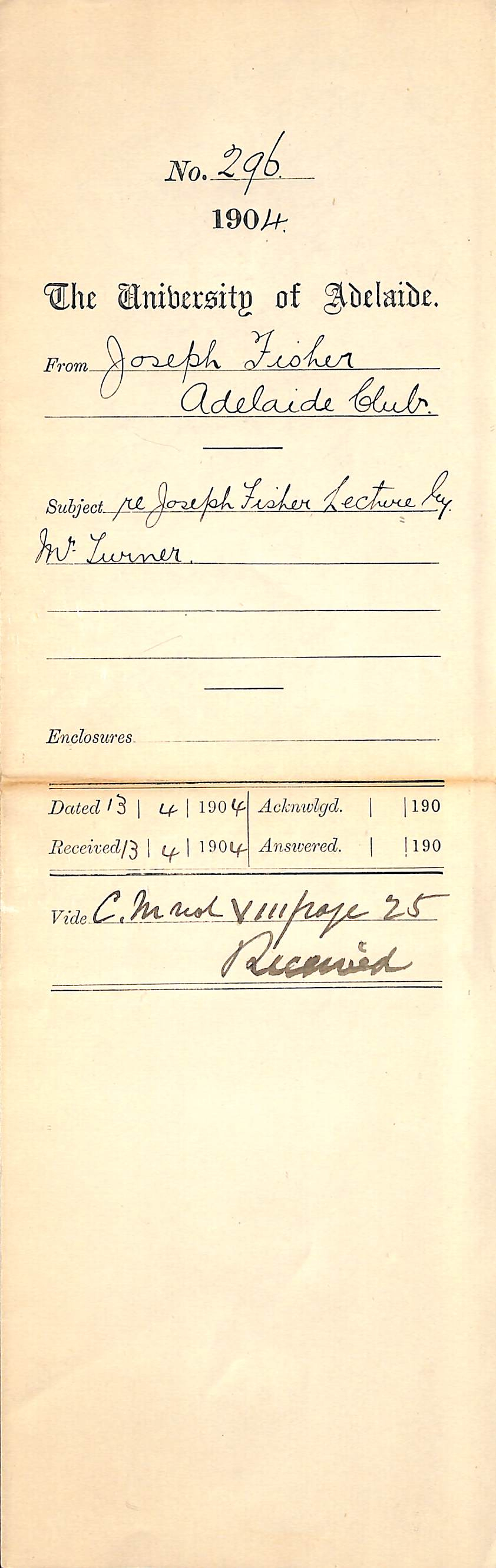 Re Joseph Fisher Lecture by Mr Turner