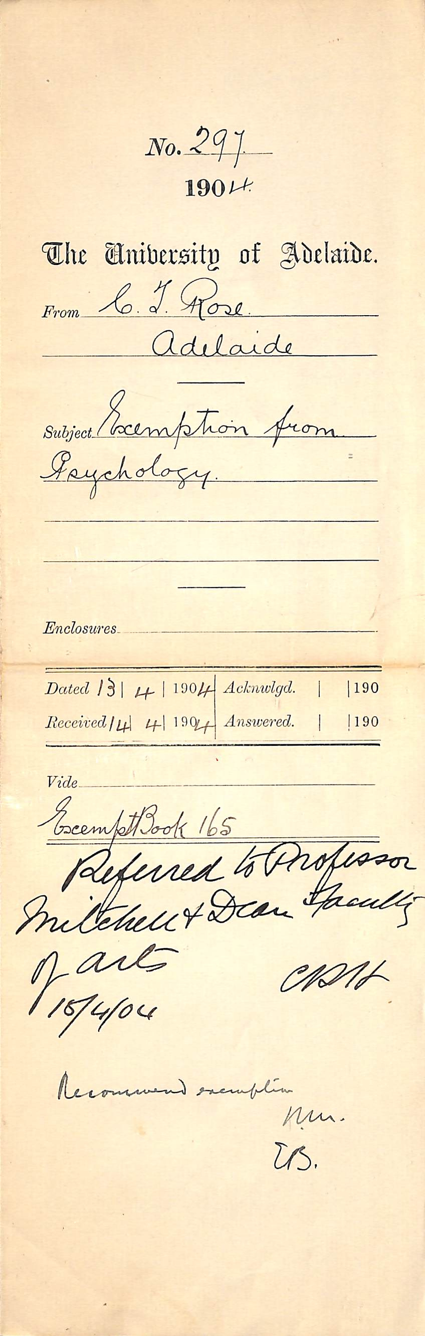 Exemption from Psychology - Rose