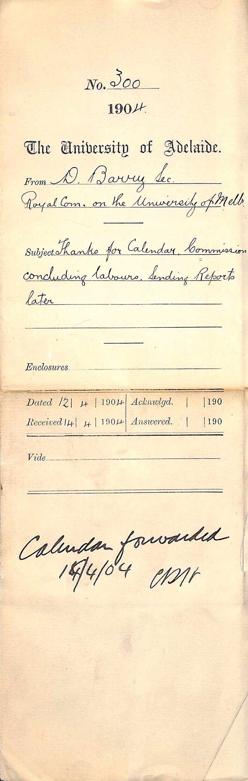 Thanks for Calendar - Commission concluding labours - Sending reports later