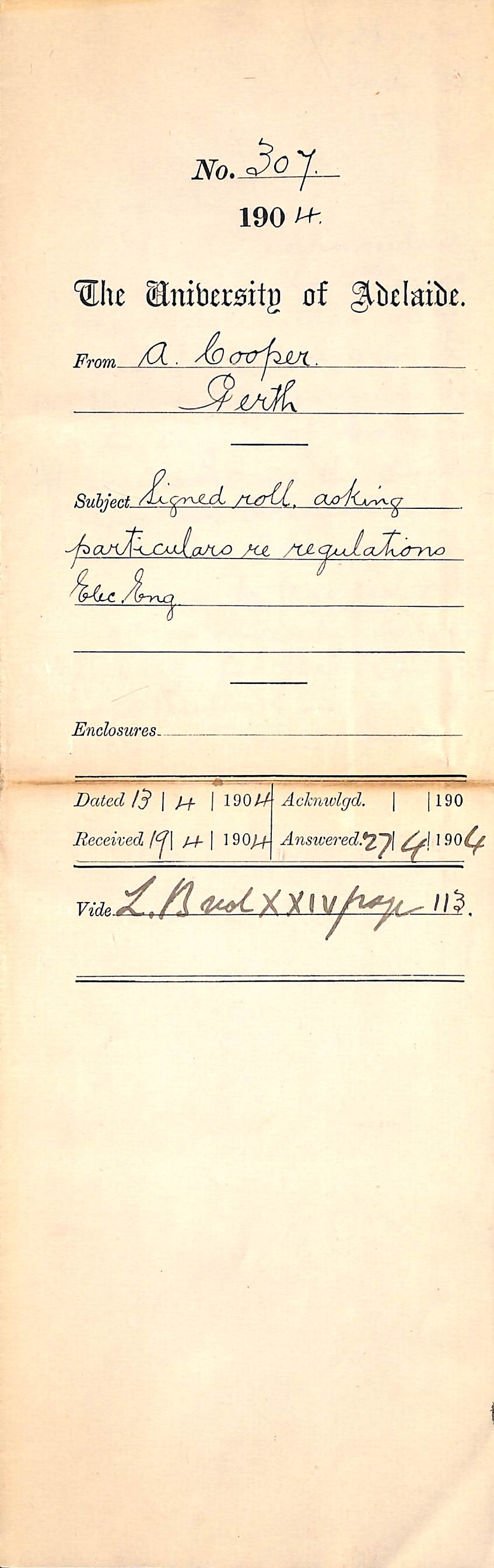 Signed roll asking particulars re Regulations Electric Engineering