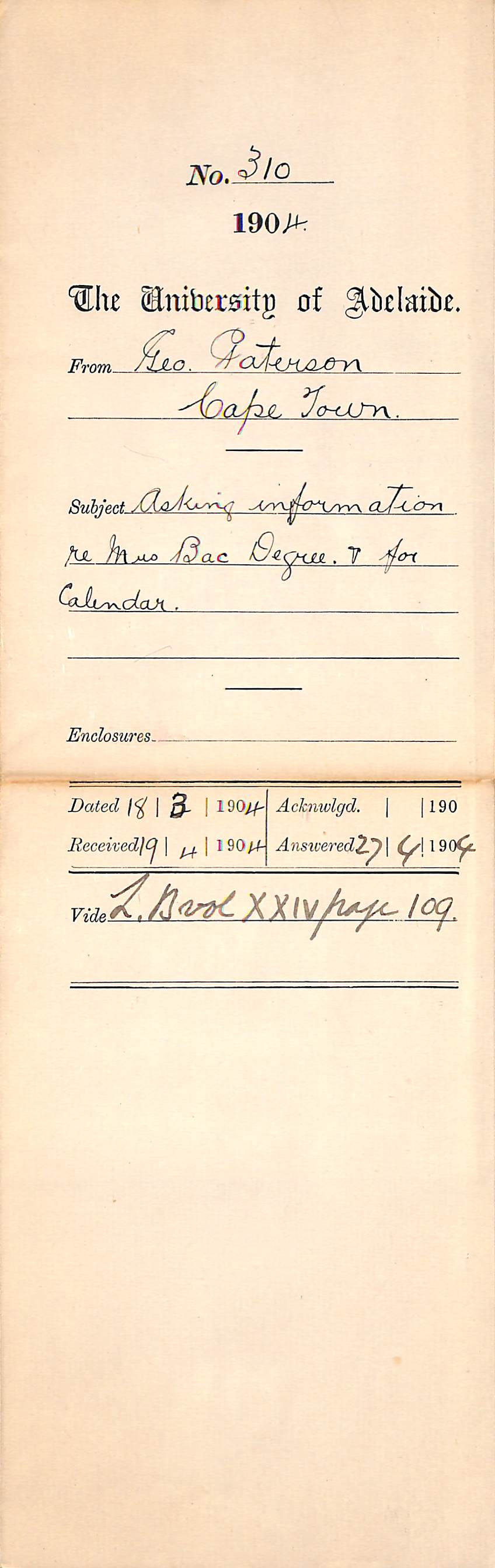 Asking information re Mus Bac Degree and for Calendar