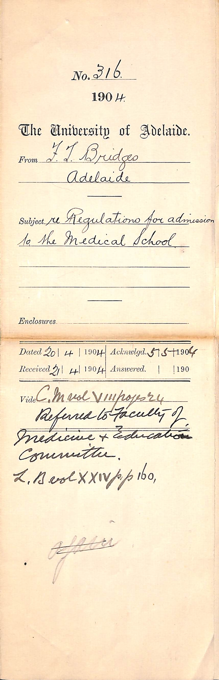 Re Regulations for admission to the Medical School