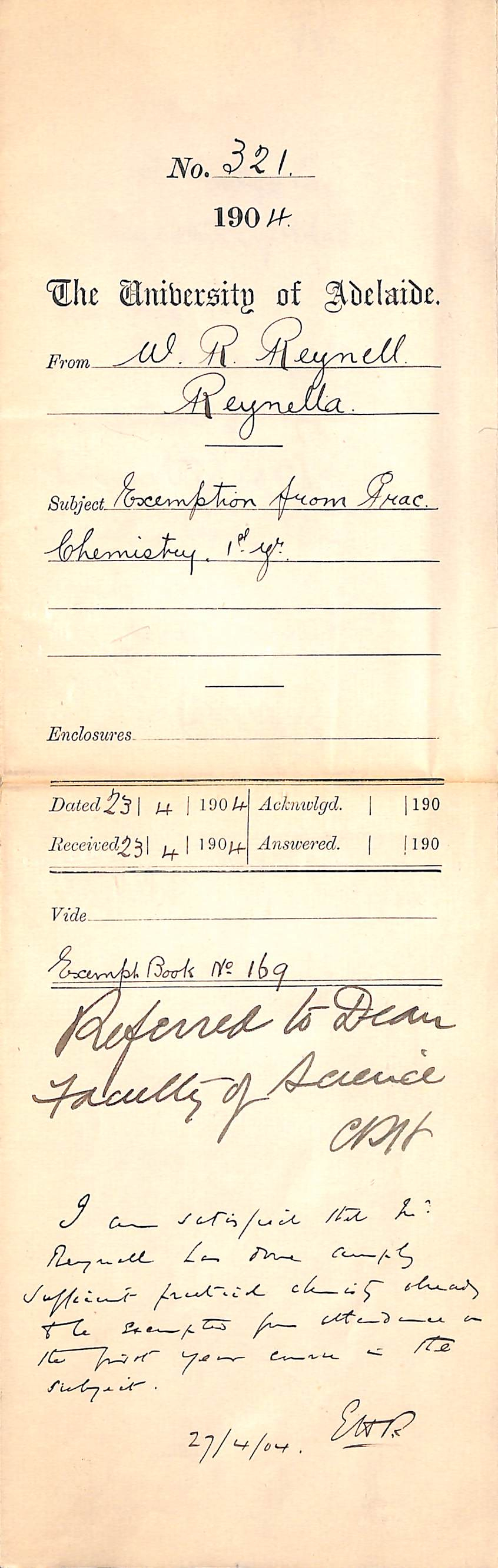 Exemption from Practical Chemistry 1st Year