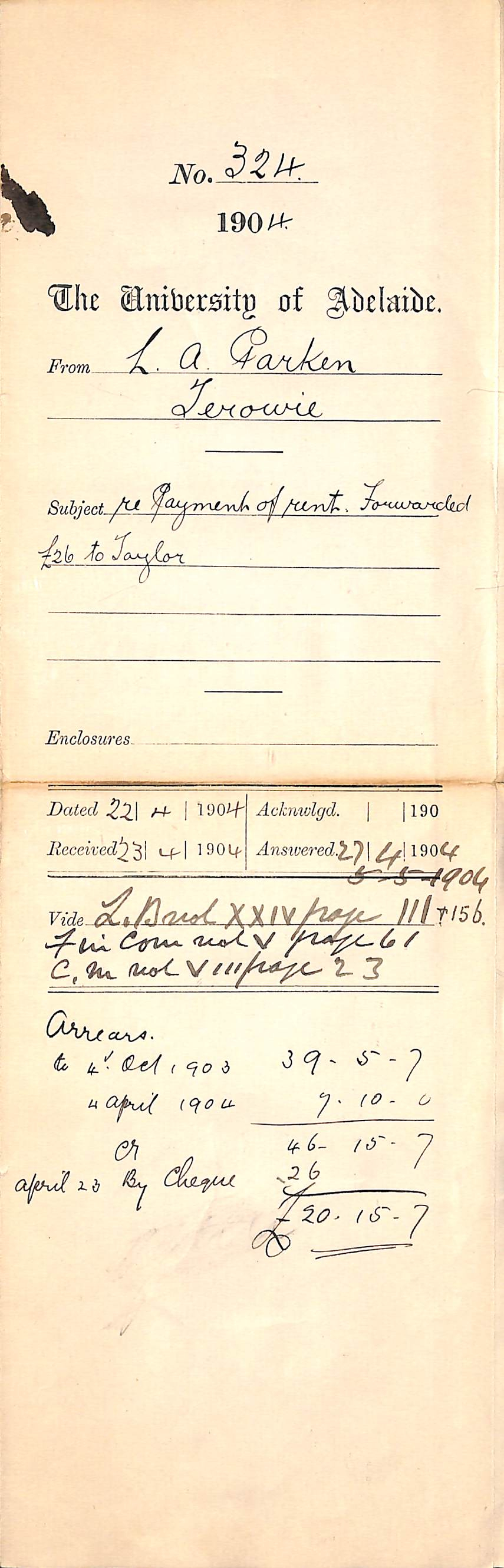 Re Payment of Rent Forwarded 26 pounds to Taylor