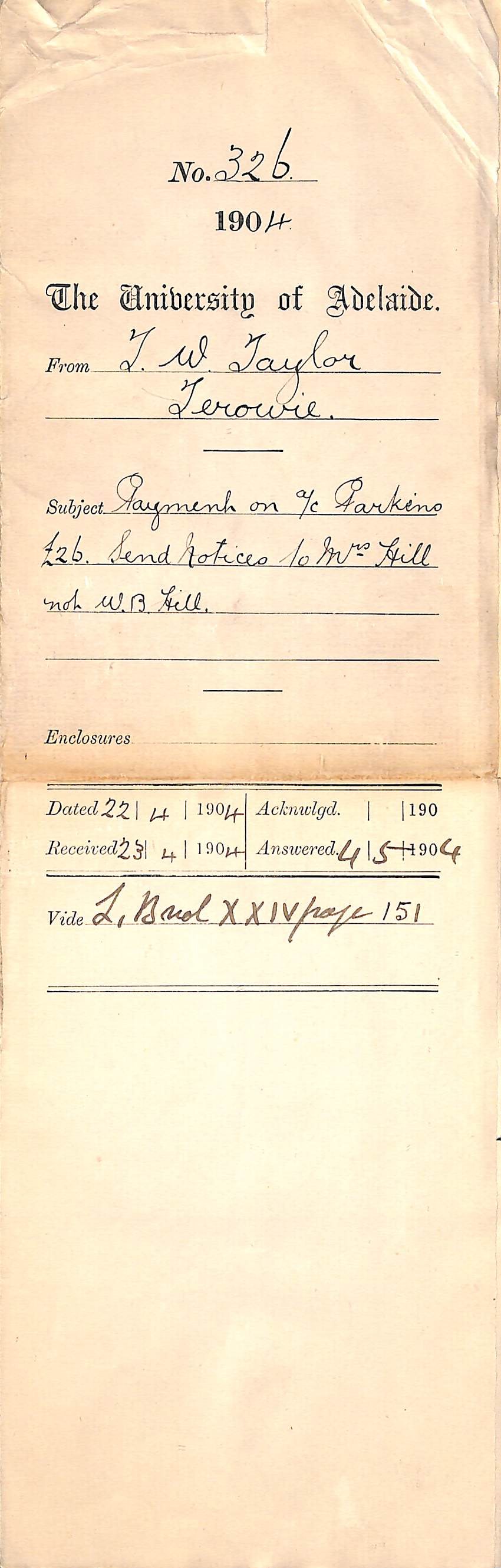 Payment on Account Parkins 26 pounds send notices to Mrs Hill