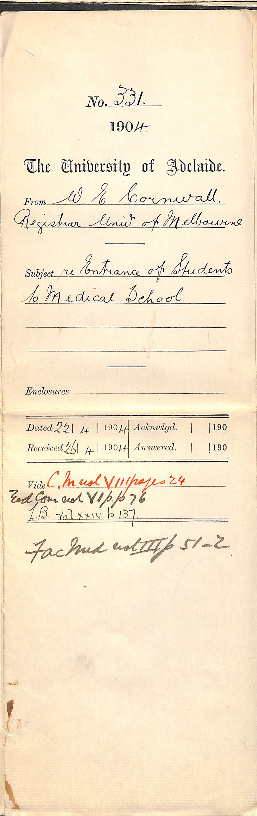 Entrance of Students to Medical School