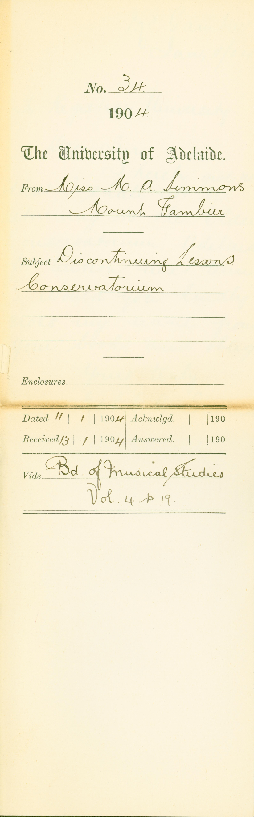 Discontinuing lessons at the Elder Conservatorium