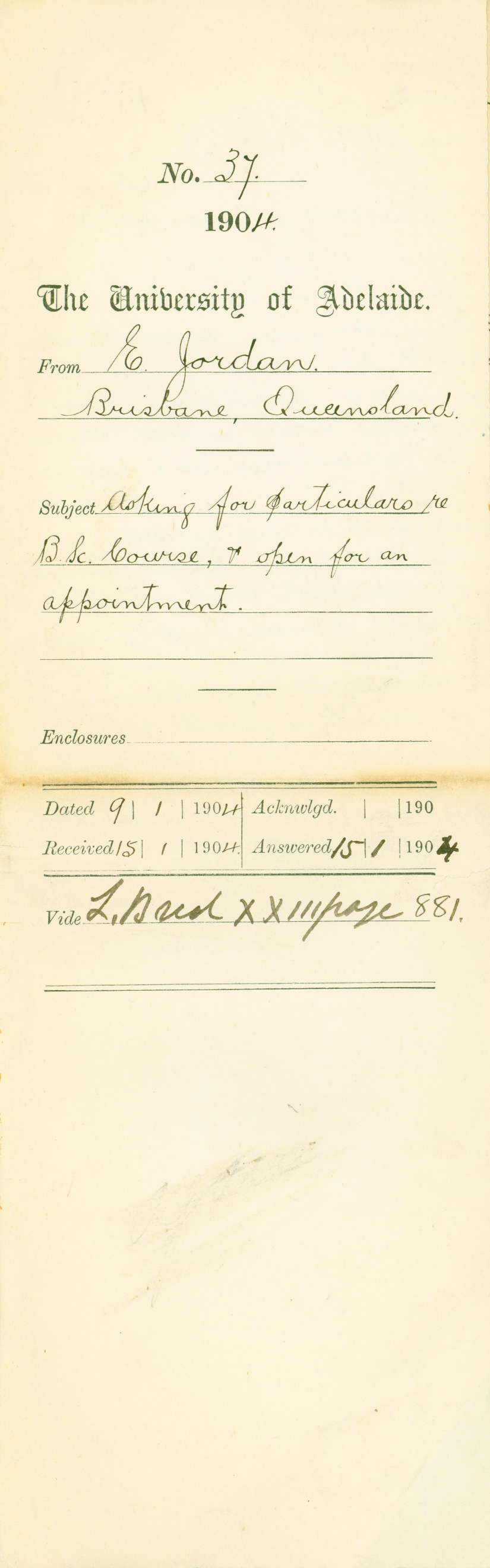 Asking for particulars re BSc Course and open for an appointment