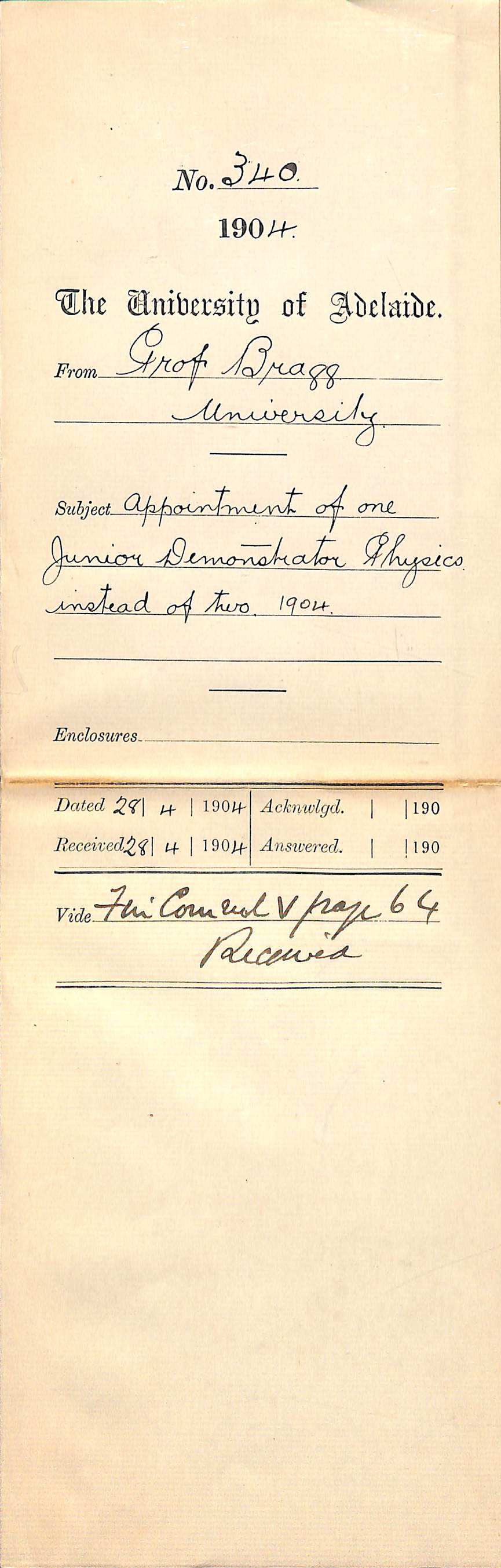 Appointment of one Junior Demonstrator Physics 1904