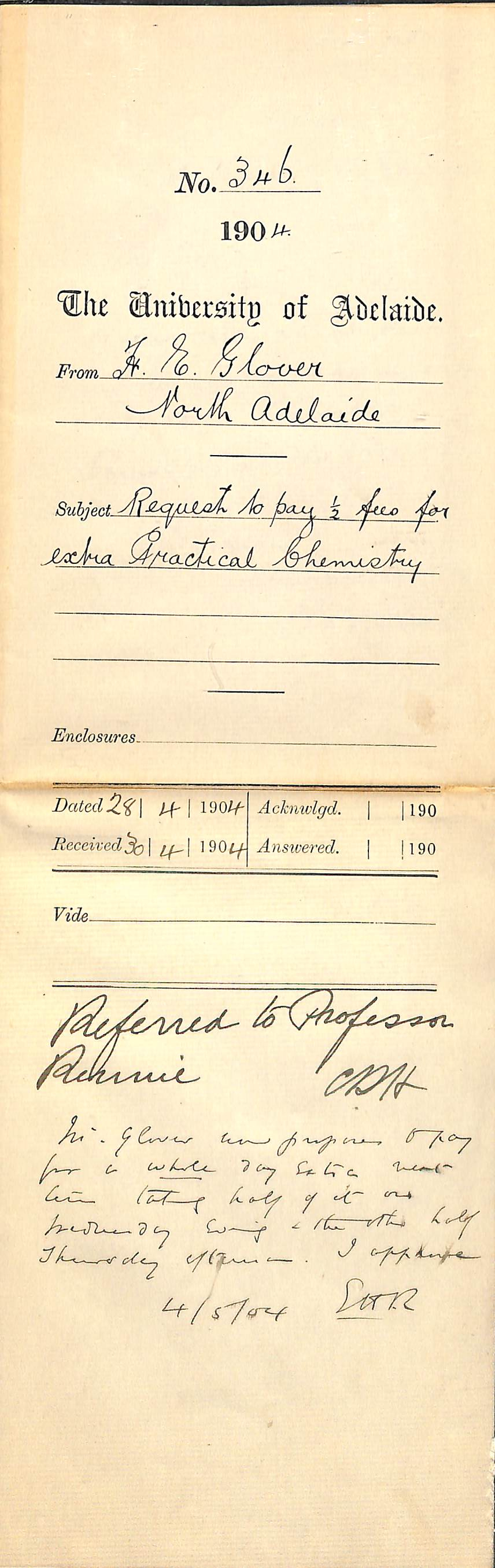 Request to pay half fees for extra Practical Chemistry