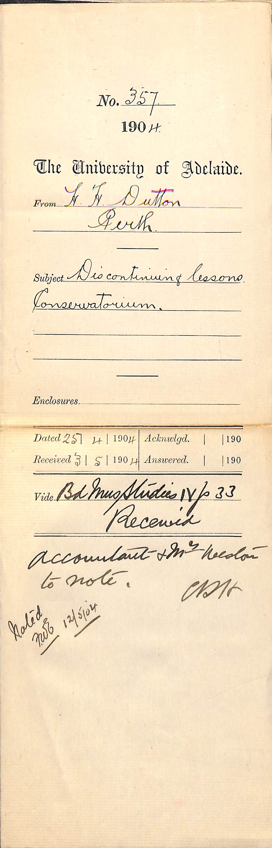 Discontinuing lessons Conservatorium - Dutton