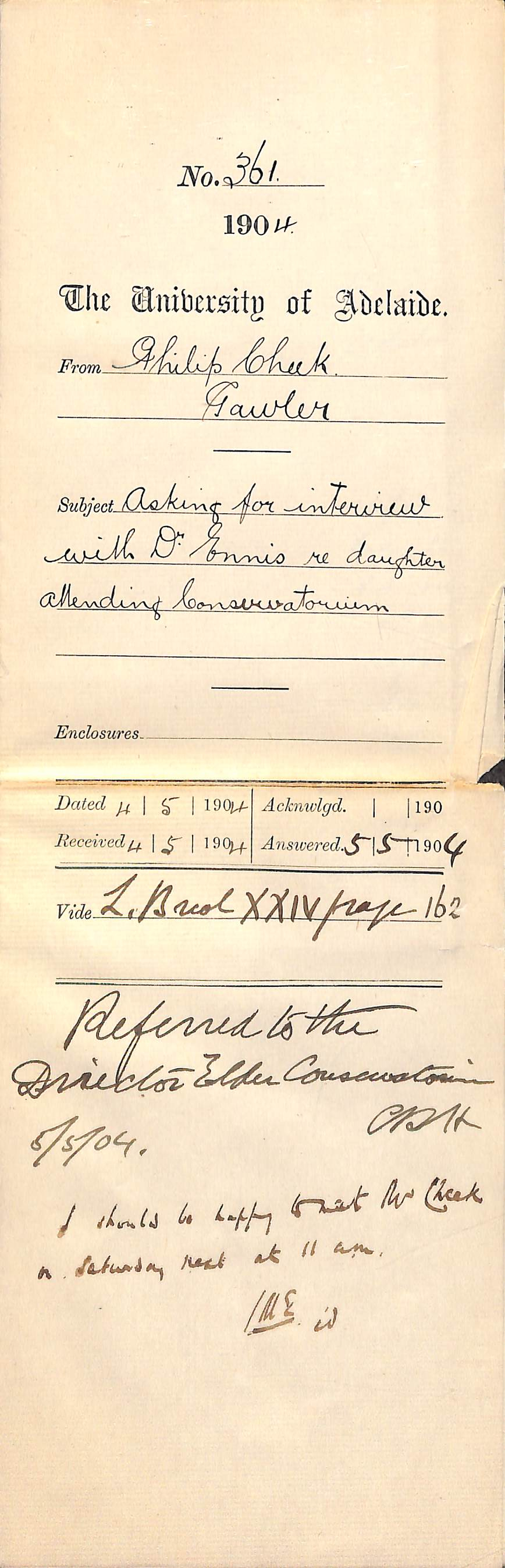 Asking for interview with Dr Ennis re daughter attending Conservatorium