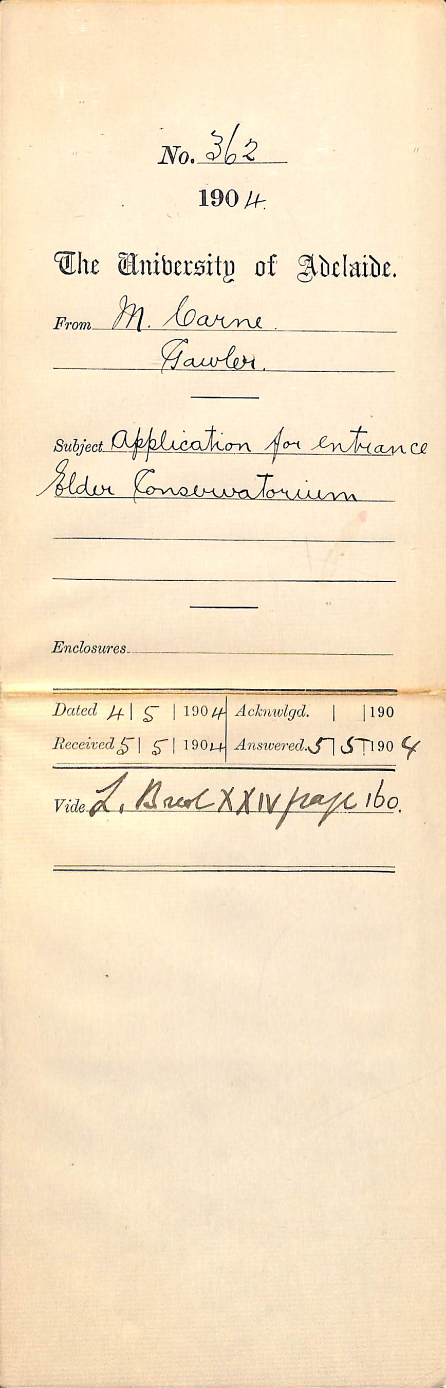 Application for entrance Elder Conservatorium