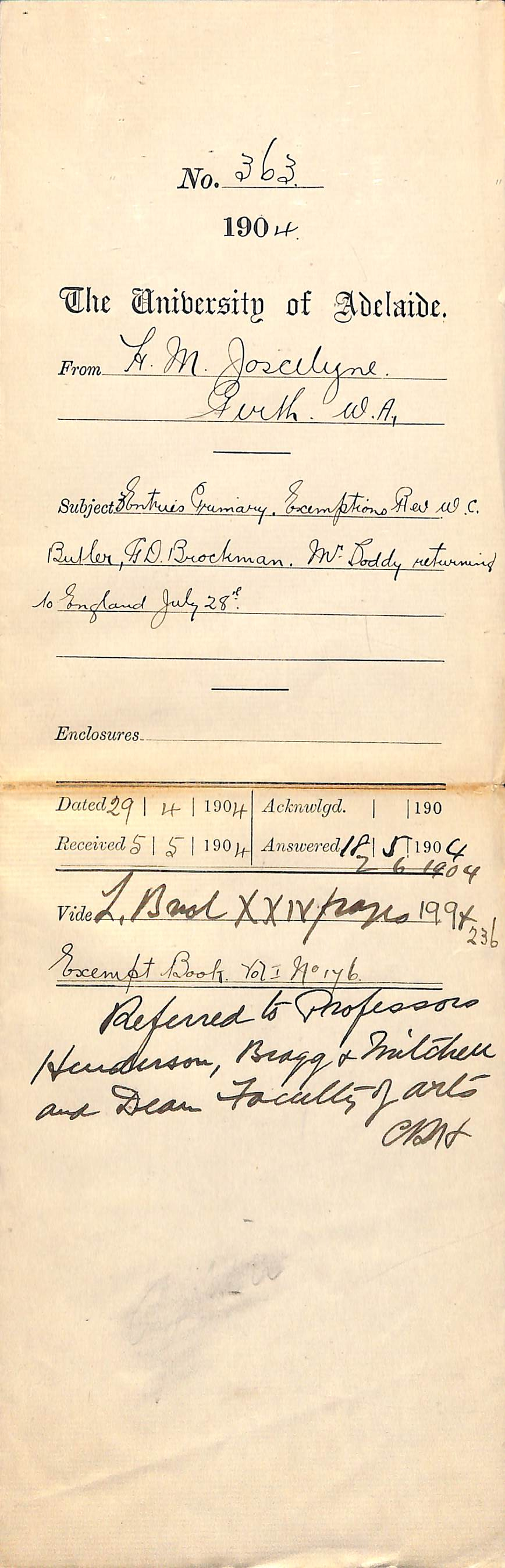 3 Entries Primary - Exemptions Rev W C Butler and G D Brockman - Mr Soddy returning to England July 28th