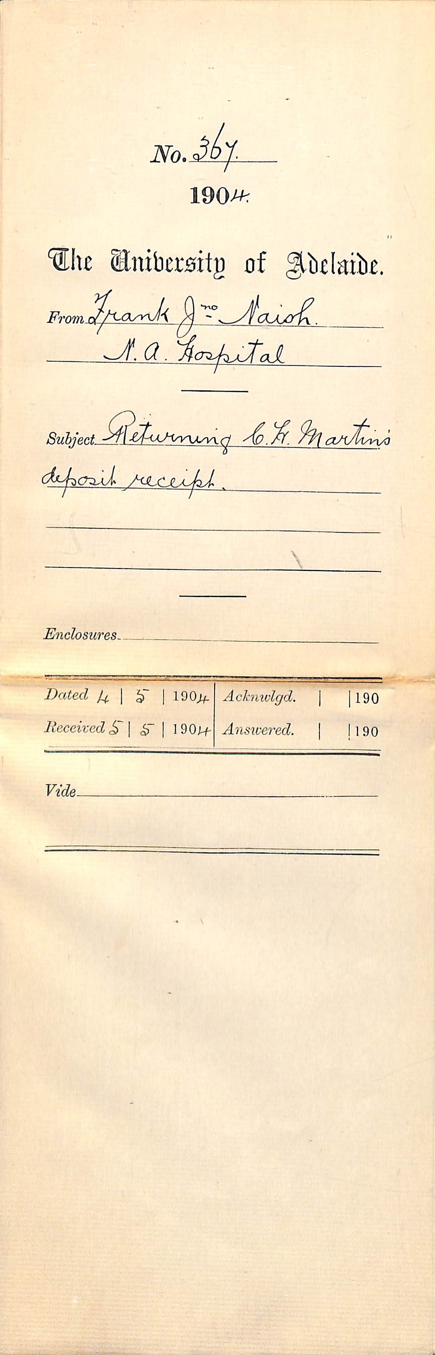 Returning C H Martins deposit receipt