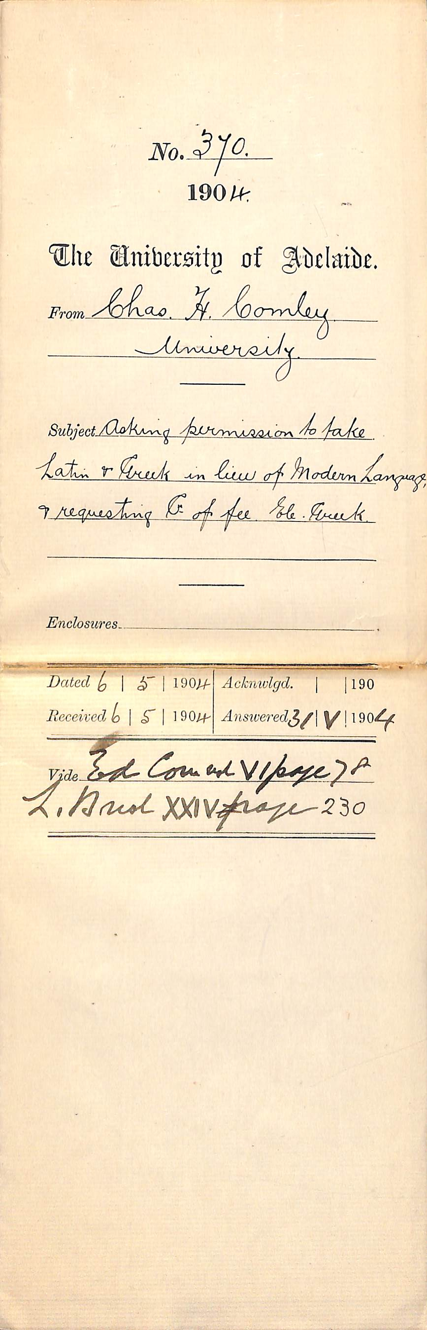 Permission to take Latin and Greek and requesting Credit of fee Elementary Greek