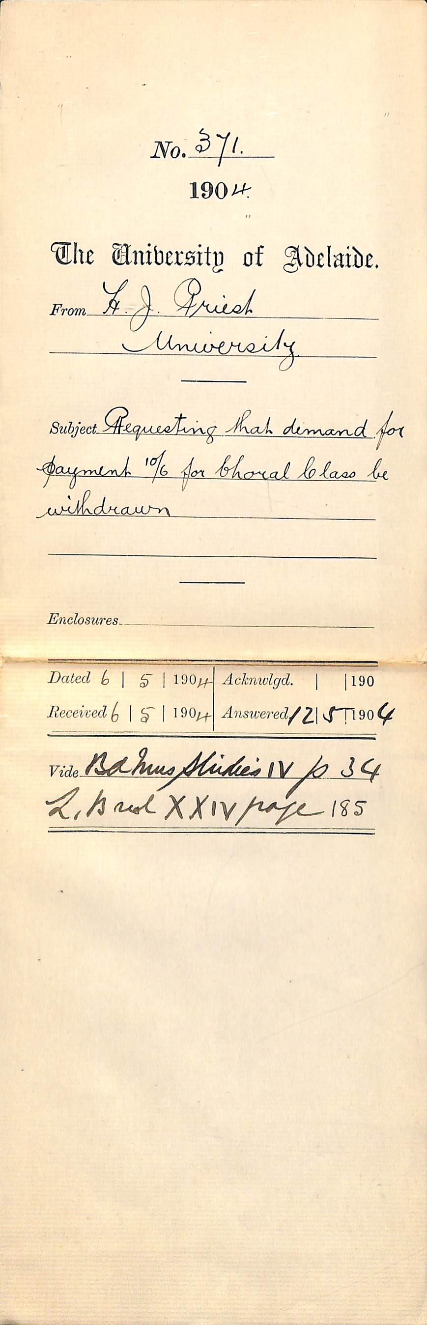 Requesting that demand for payment 10s 6d for Choral Class be withdrawn