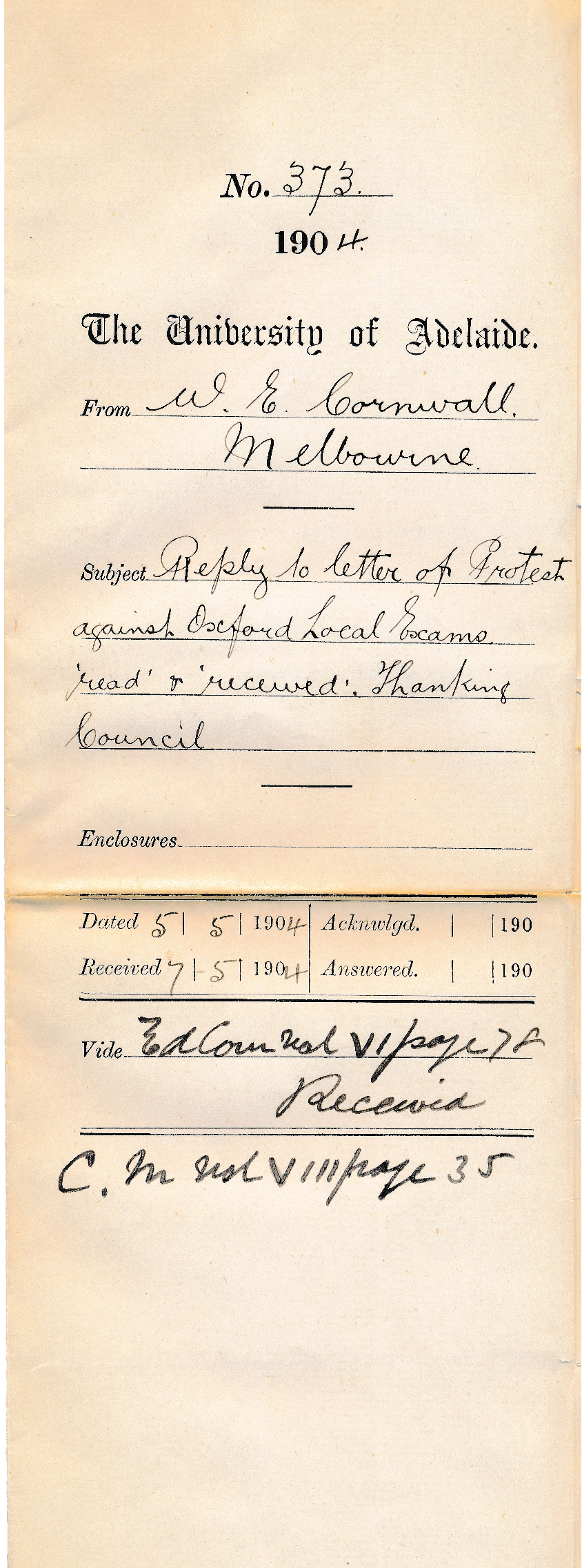 Reply to letter of Protest against Oxford Local Exams read &amp; received Thanking Council