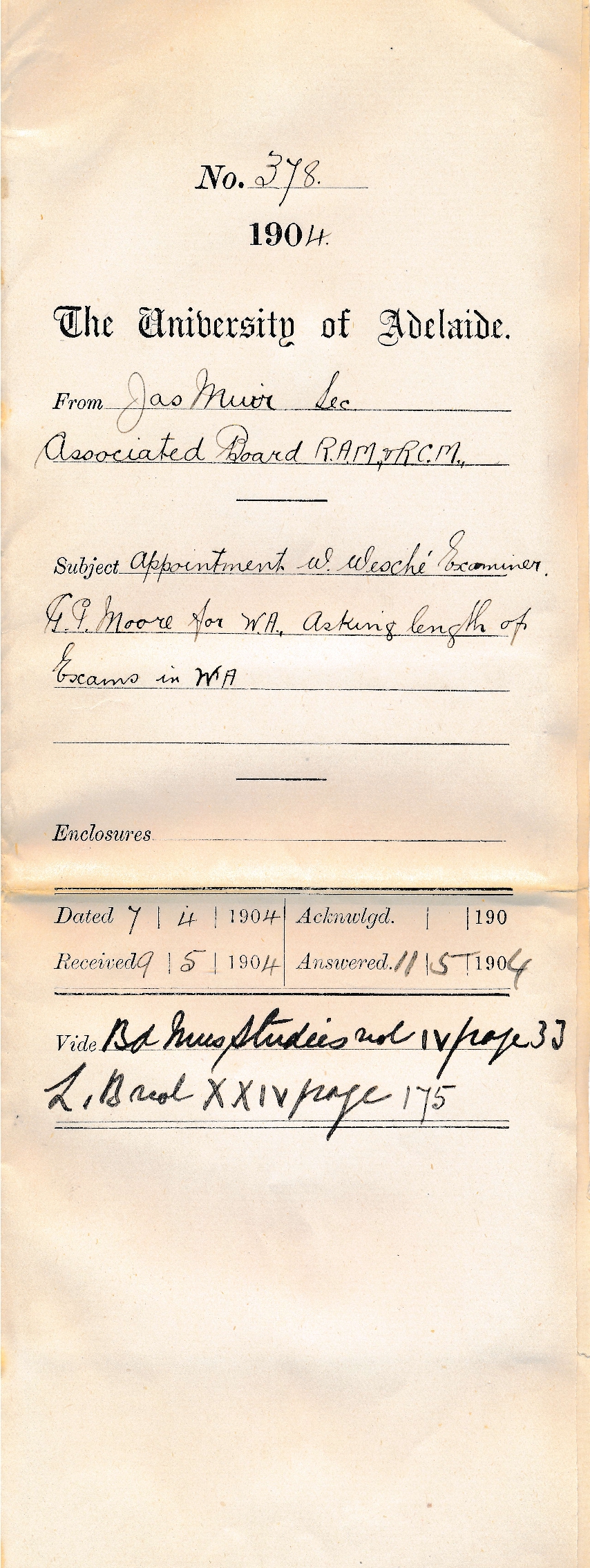 Appointment of Walter Wesche Examiner Graham P More for WA - length of Exams