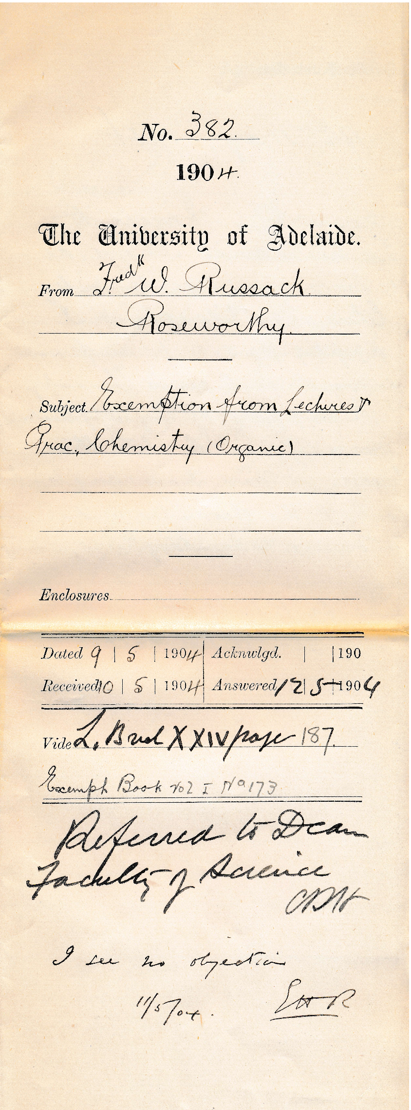 Exemption from Lectures &amp; Practical Chemistry Organic