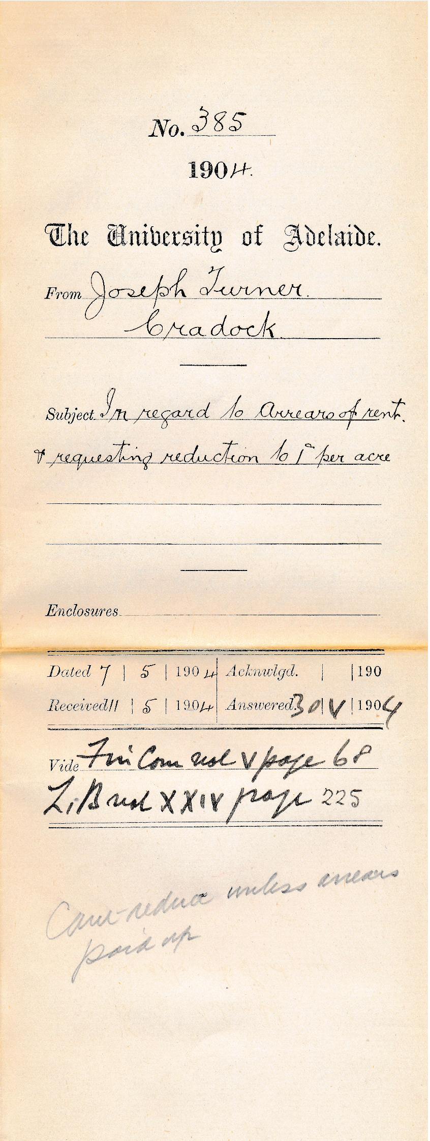 In regard to Arrears of rent &amp; requesting reduction to 1d per acre