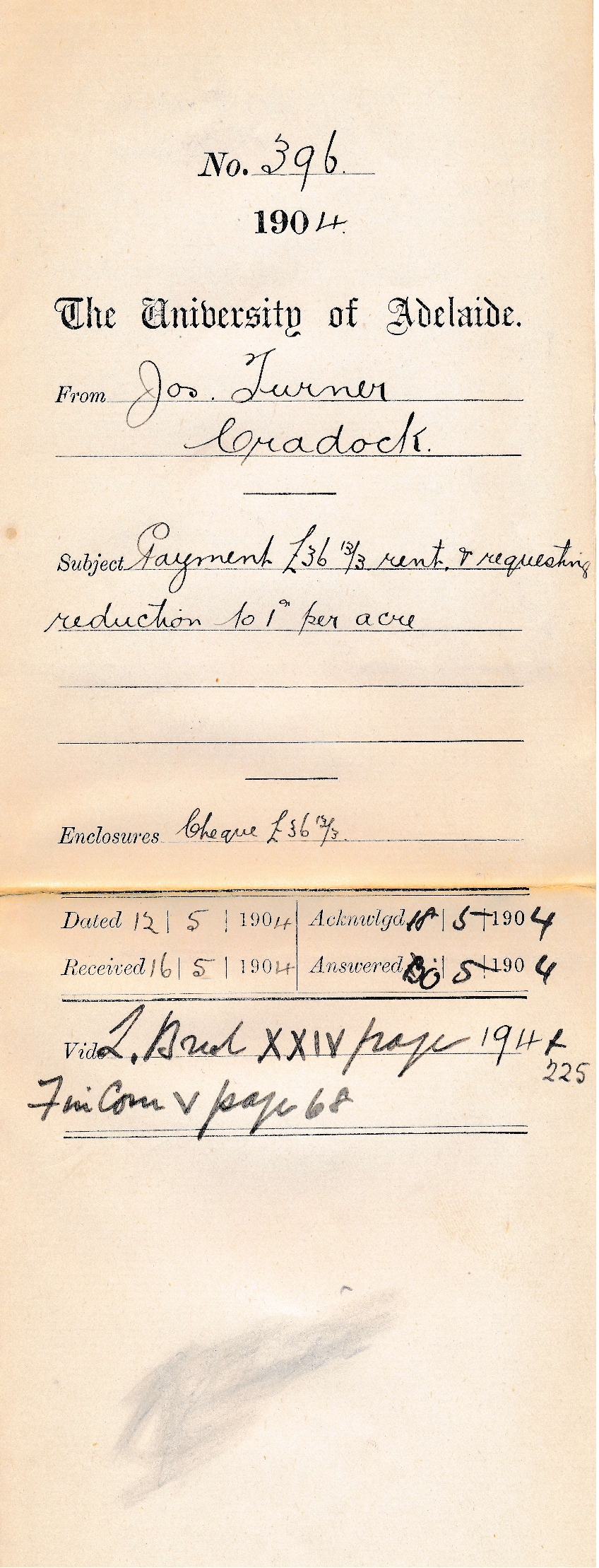 Payment &pound;36-13-3 rent &amp; requesting reduction to 1d per acre