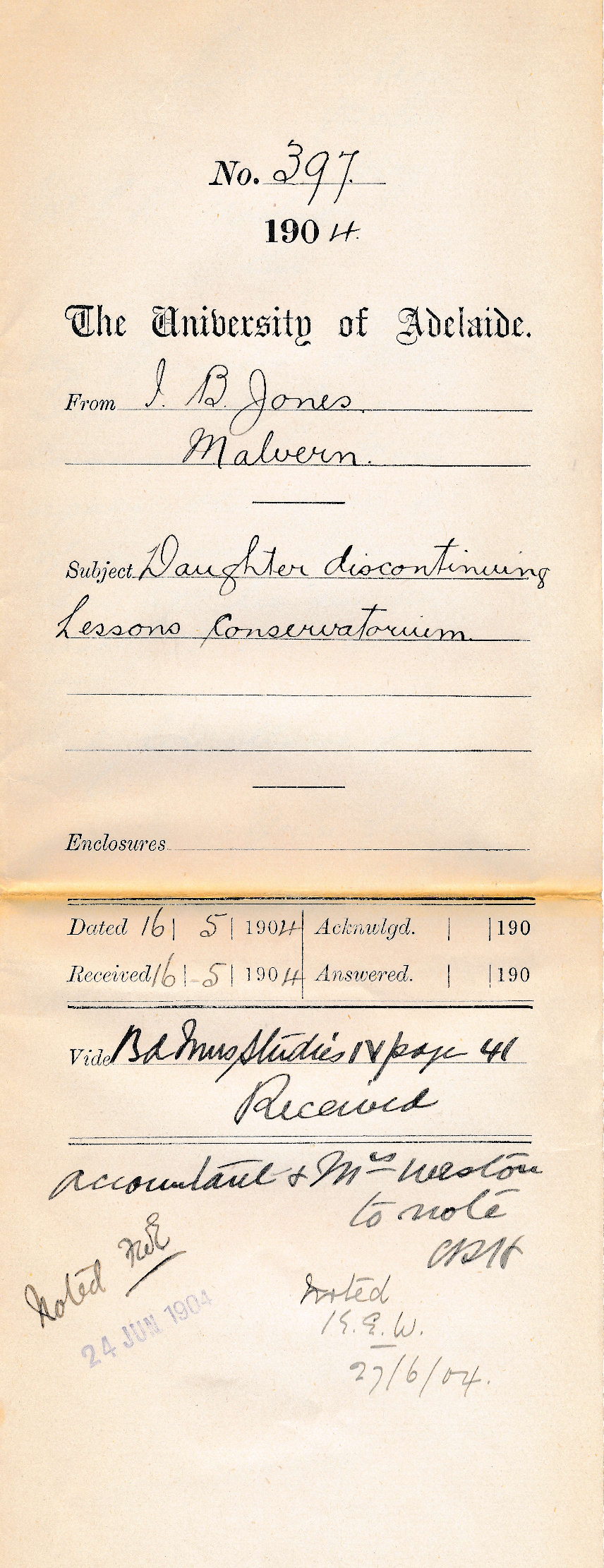 Daughter discontinuing lessons Conservatorium