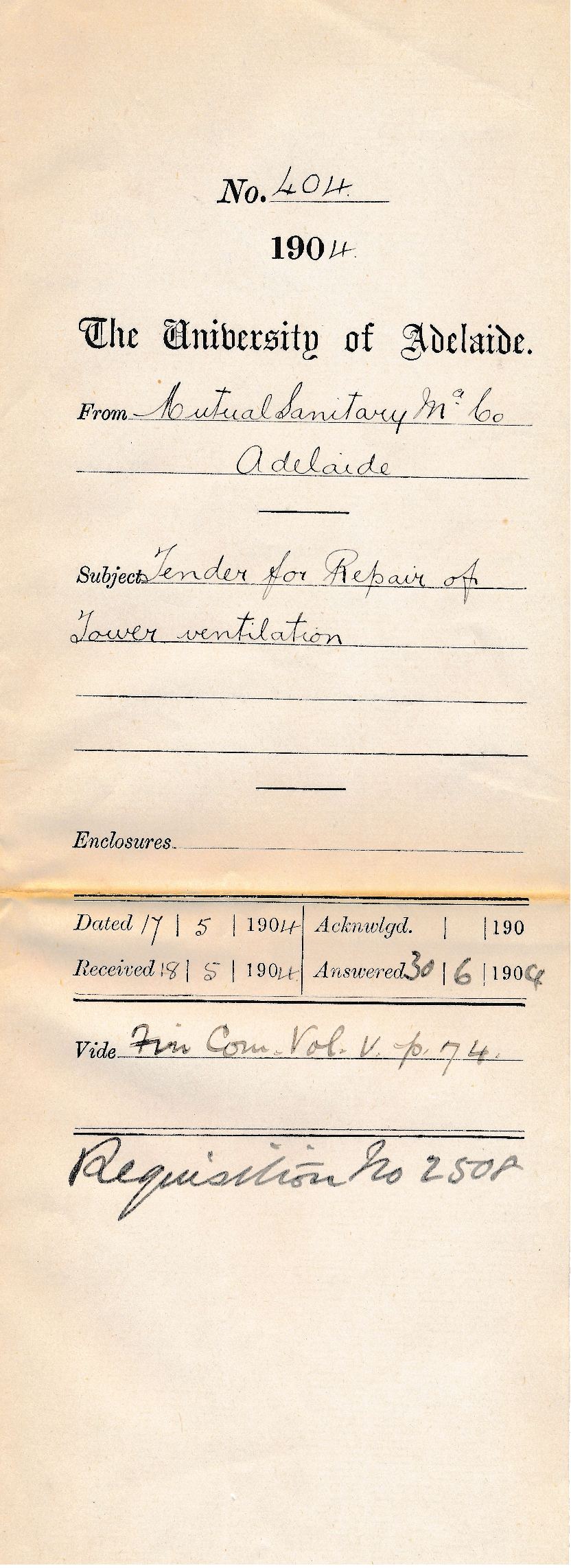 Tender for Repair of Tower Ventilation