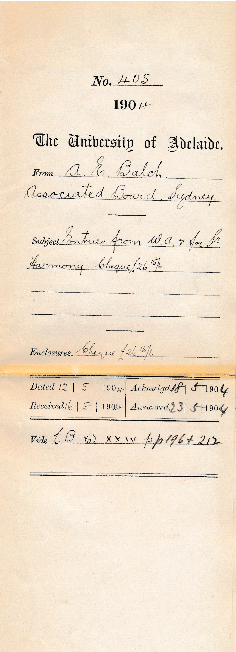 Entries from W A &amp; for Senior Harmony Cheque &pound;26-15-6