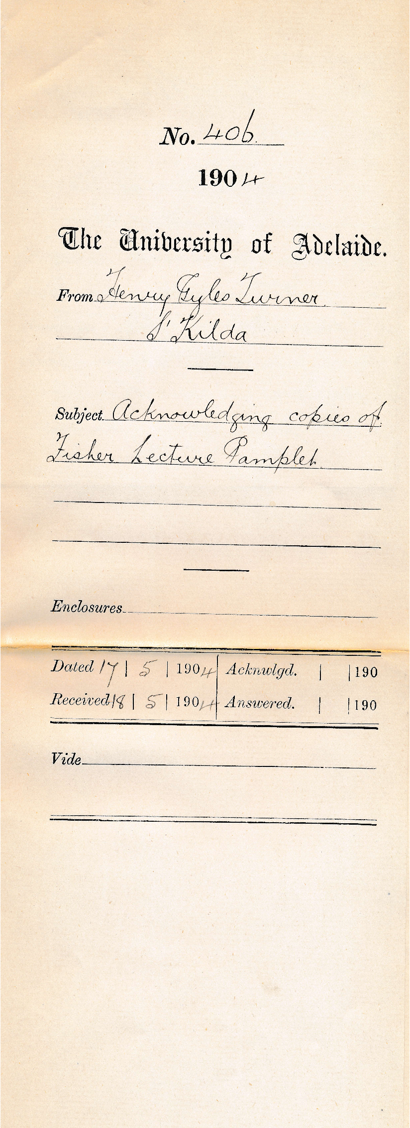 Acknowledging copies of Fisher Lecture Pamphlet