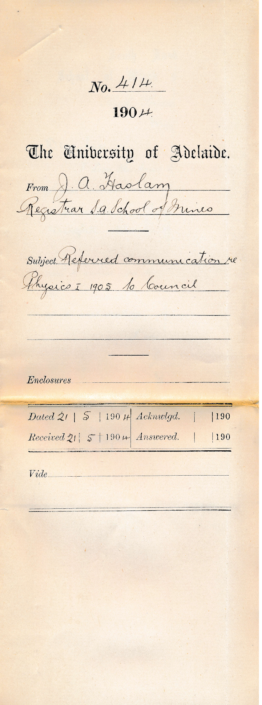 Referred communication re Physics I 1905 to Council