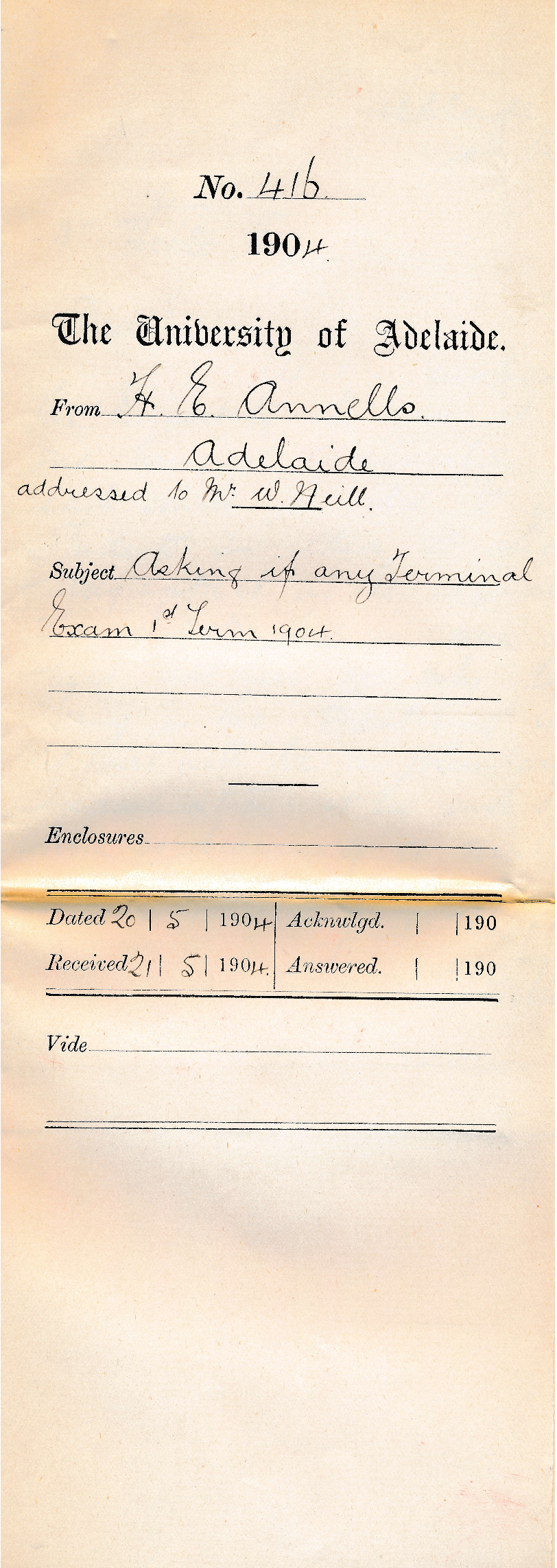 Asking if any Terminal Exam 1st Term 1904