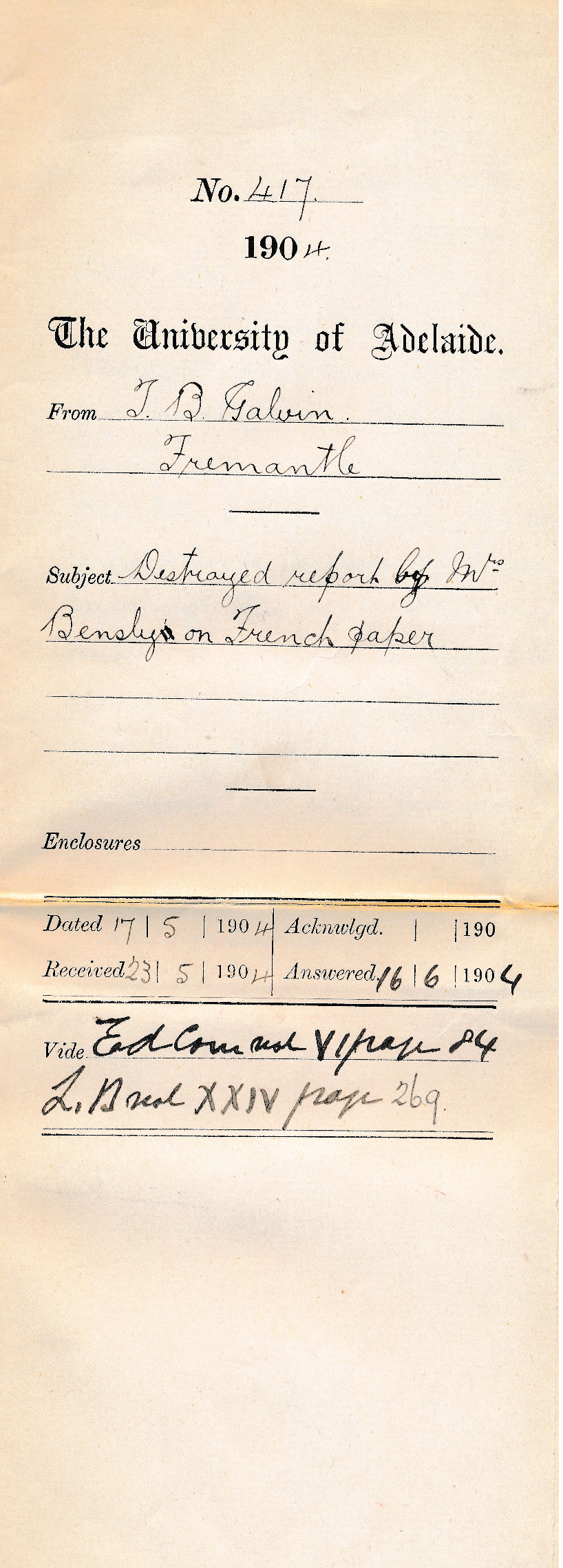 Destroyed report Mrs Bensly on French paper