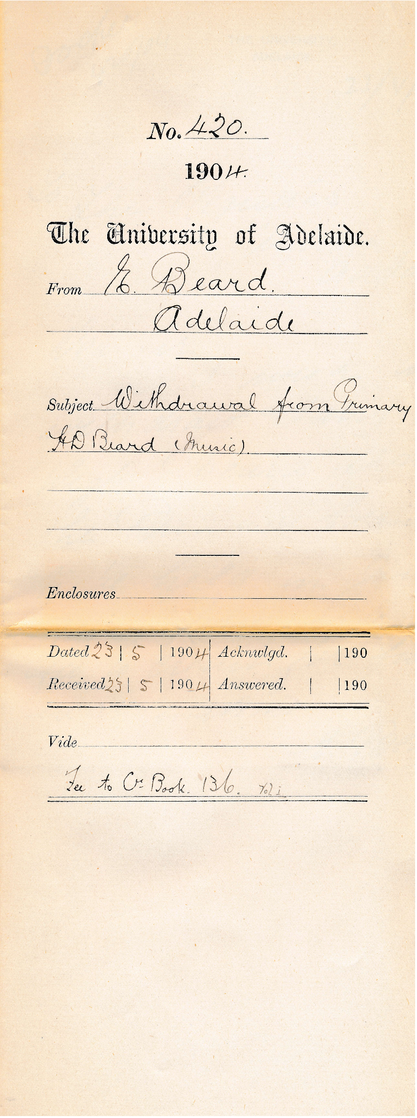 Withdrawal from Primary Harry Digby Beard Music