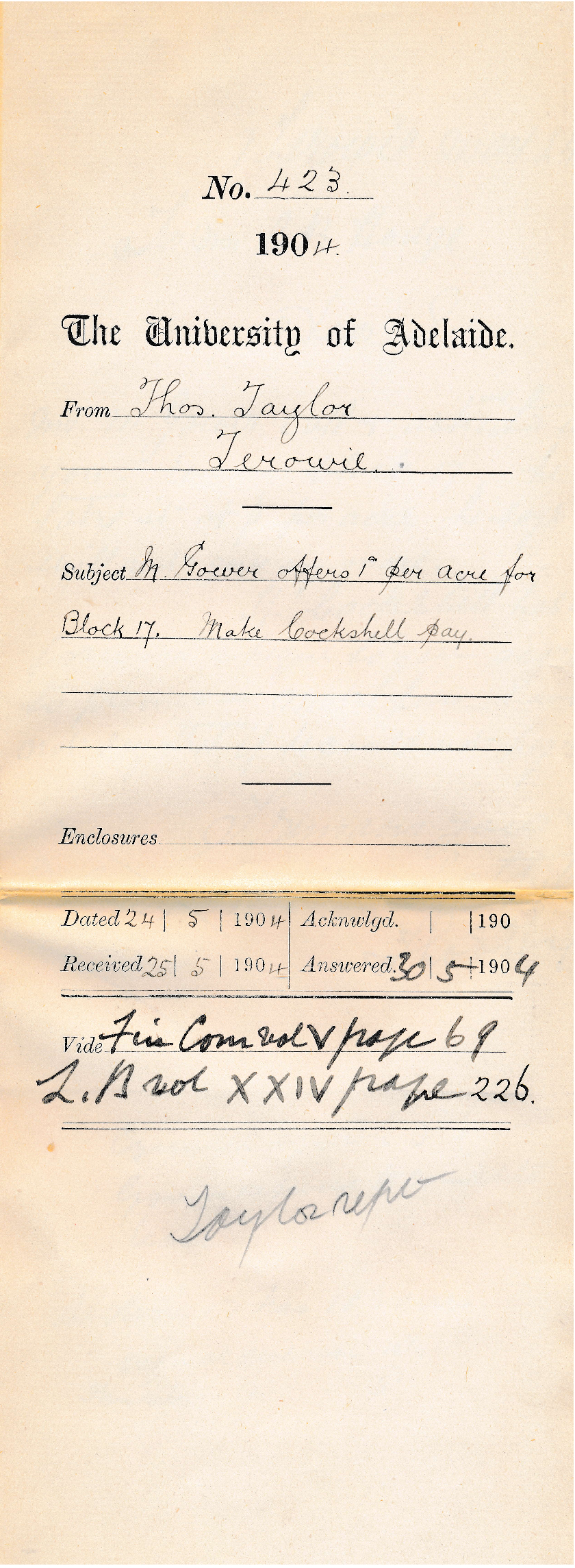 M Gower offers 1d per acre for Block 17 Make Chockshell pay