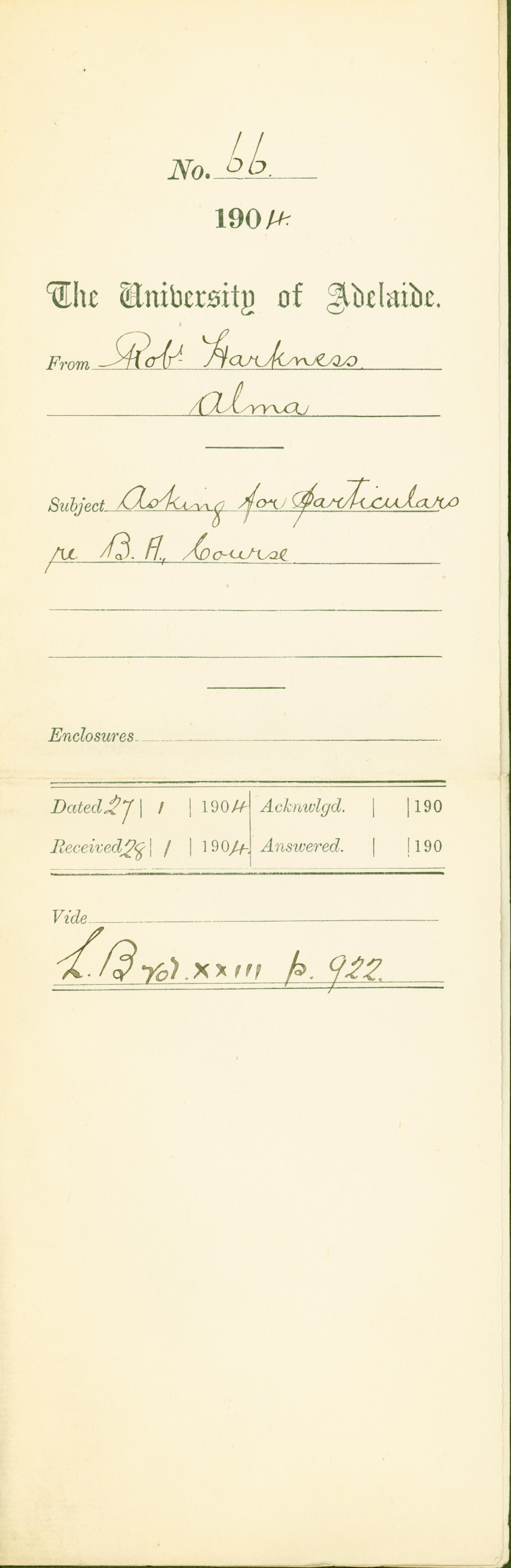 Asking for particulars re BA Course - Harkness