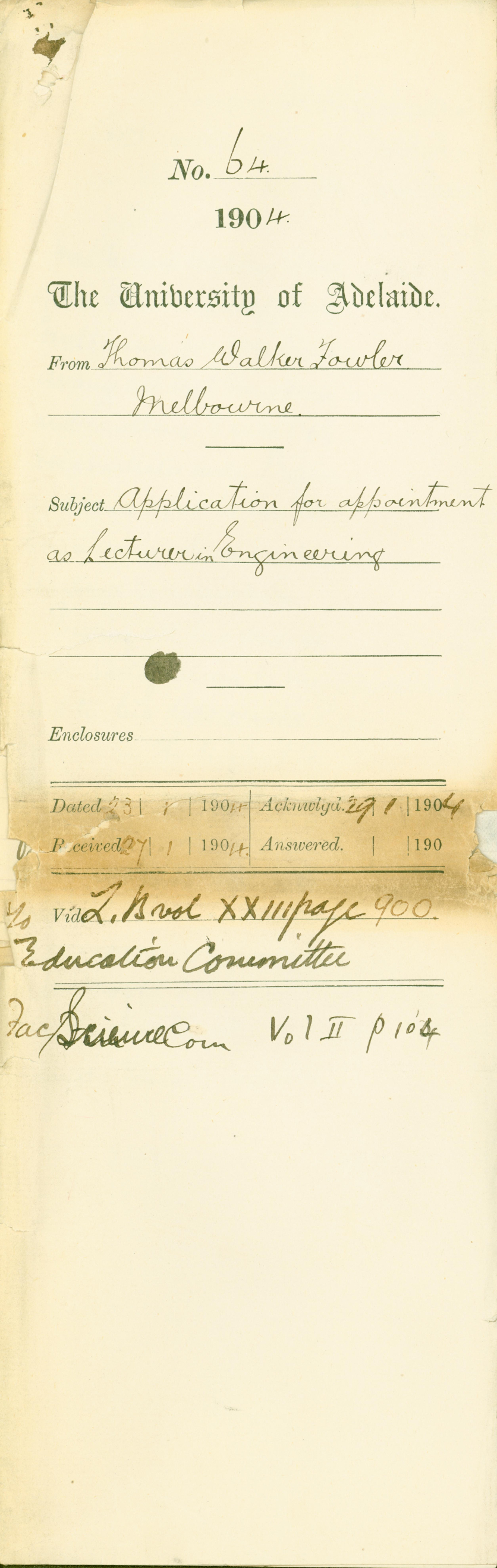 Application for appointment as Lecturer in Engineering