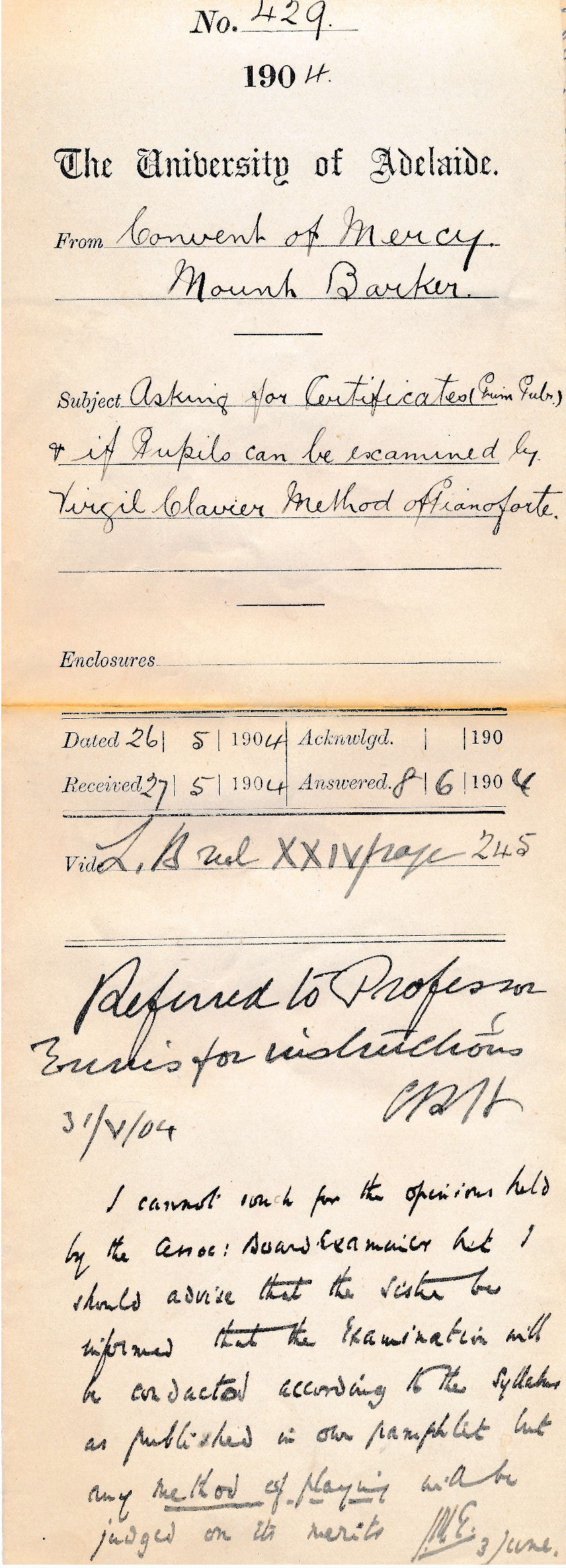 Asking for Certificates &amp; if Pupils can be examined by Virgil Clavier Method Piano