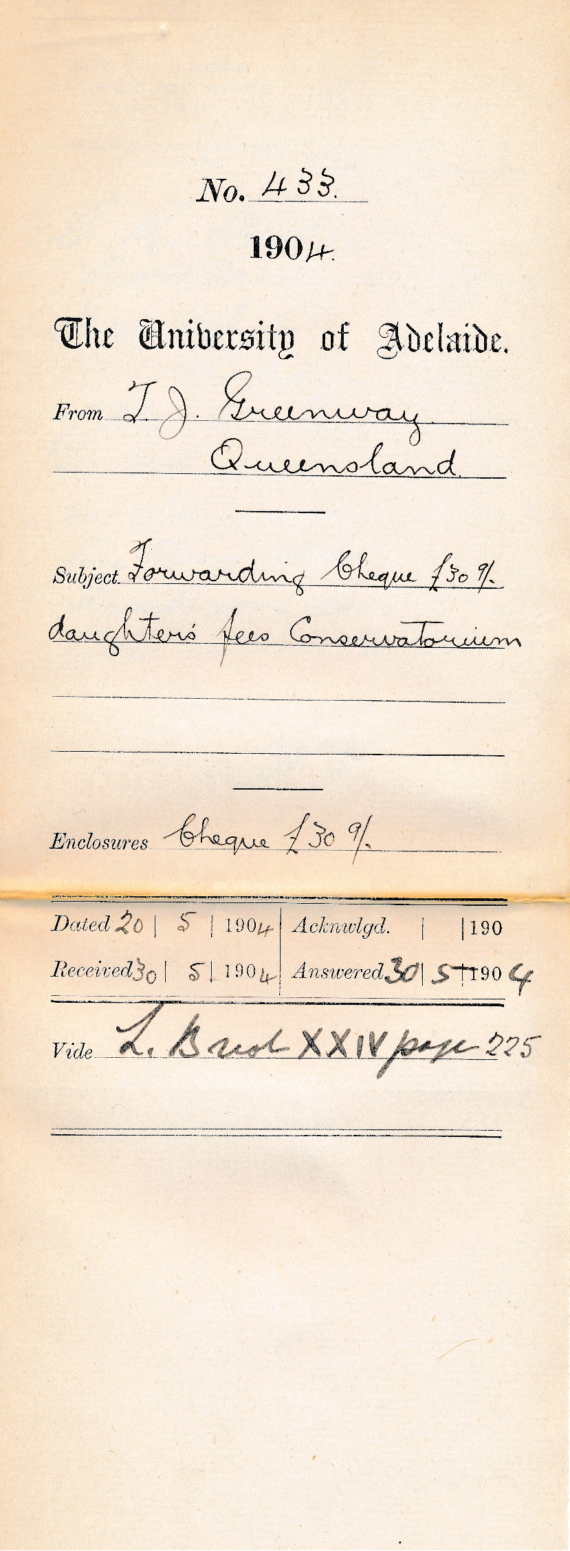 Forwarding Cheque &pound;30-9-0 daughters fees Conservatorium