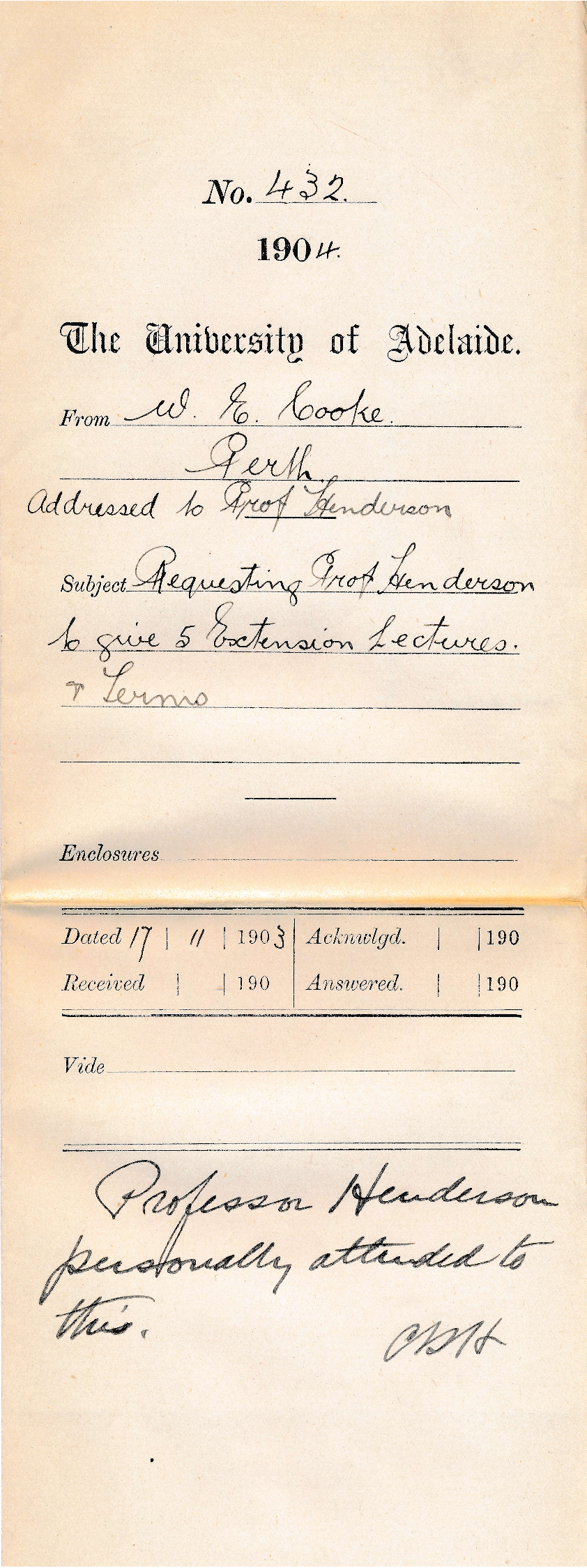 Requesting Professor Henderson give 5 Extension Lectures etc