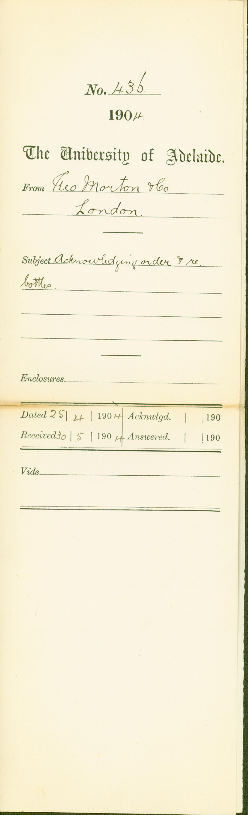 Acknowledging order and re bottles