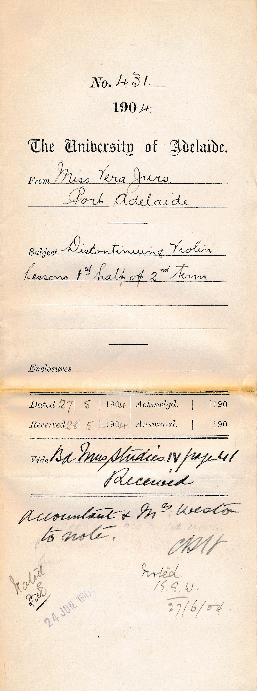 Discontinuing Violin Lessons 1st half of 2nd Term