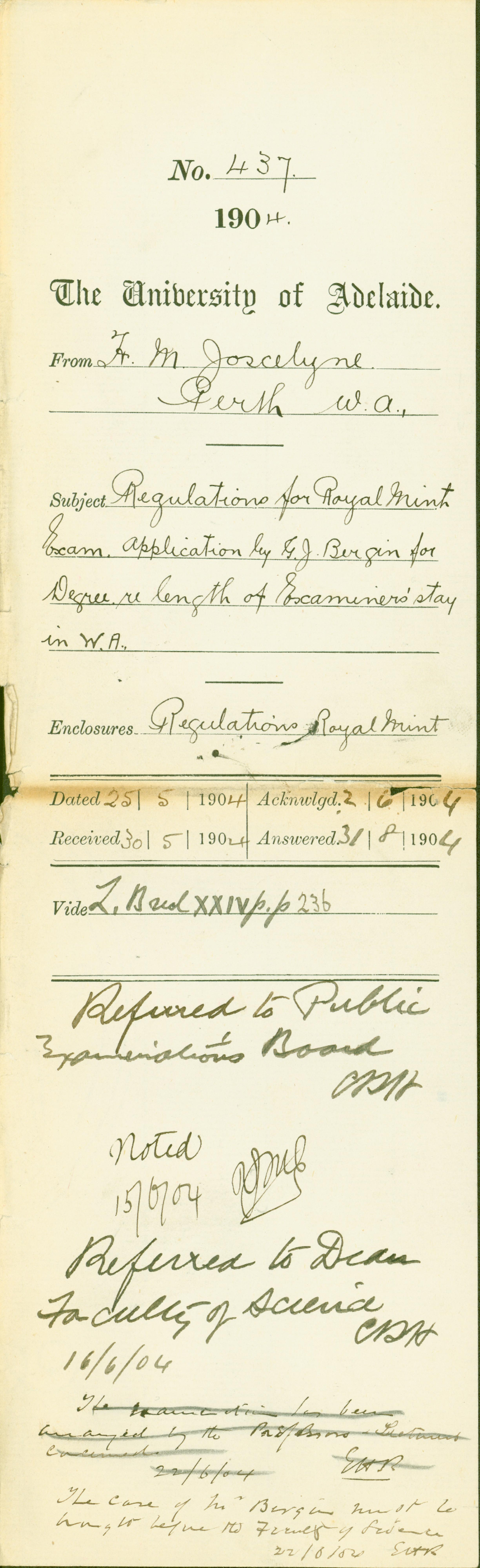 Regulations for Royal Mint Exam Application by G J Bergin Re length of Examiners