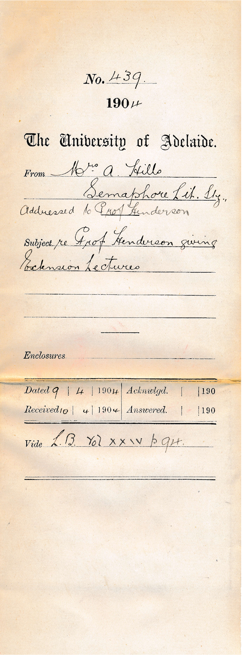 Re Professor Henderson giving Extension Lectures