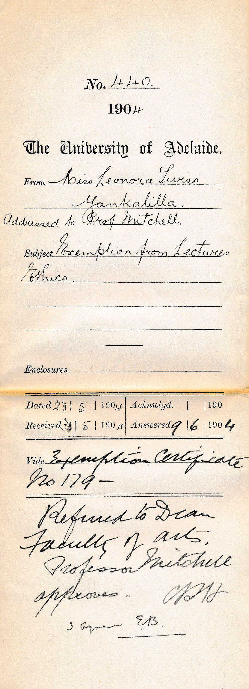 Exemption from Lectures - Ethics