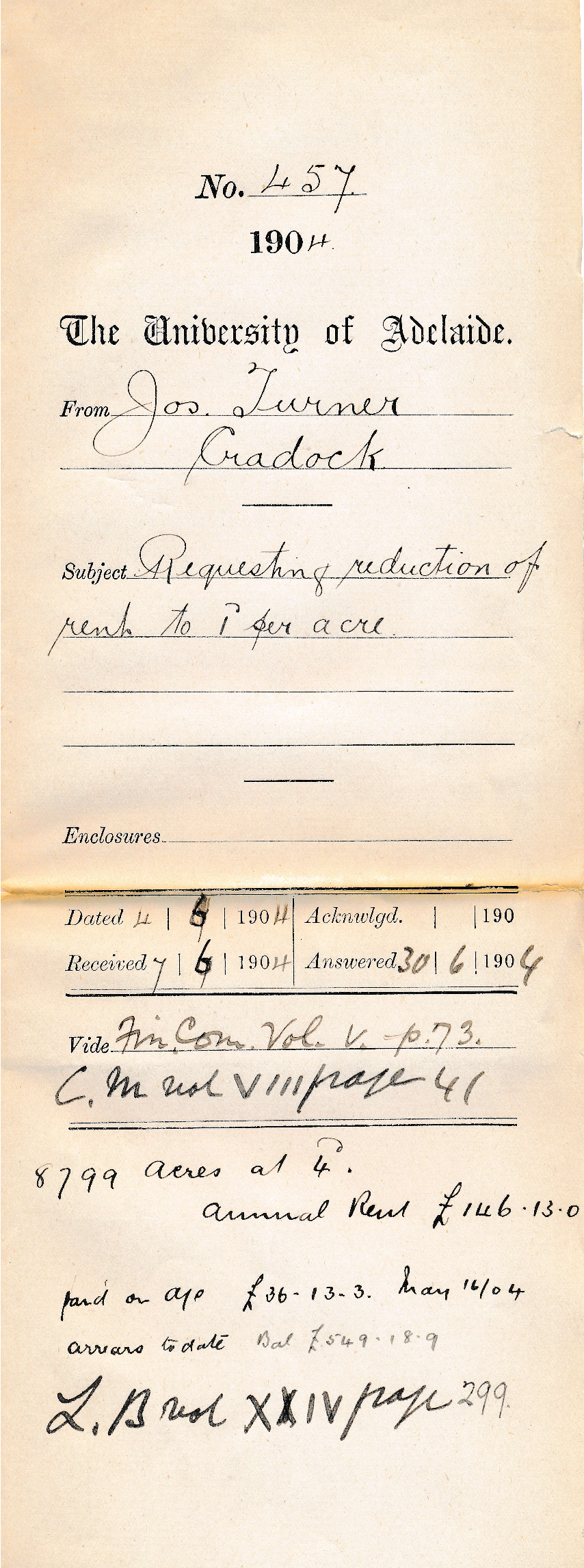 Requesting reduction of Rent to 1d per acre