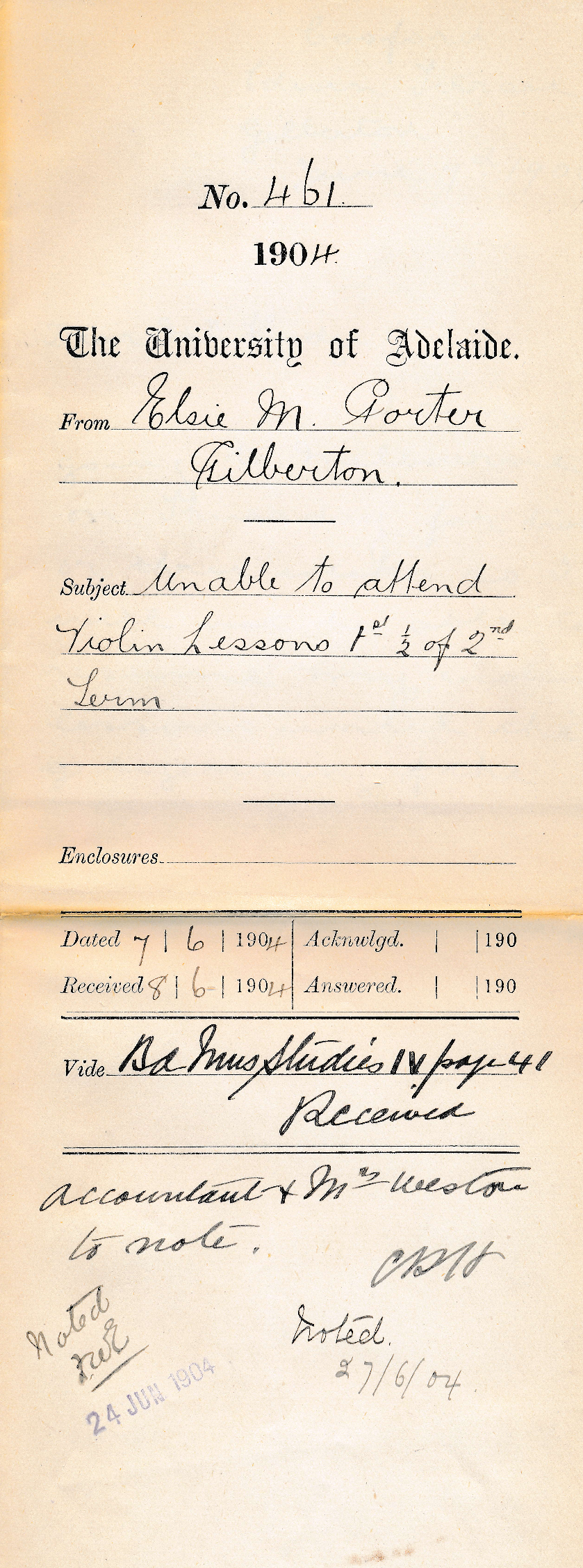 Unable to attend Violin Lessons 1st half of 2nd Term