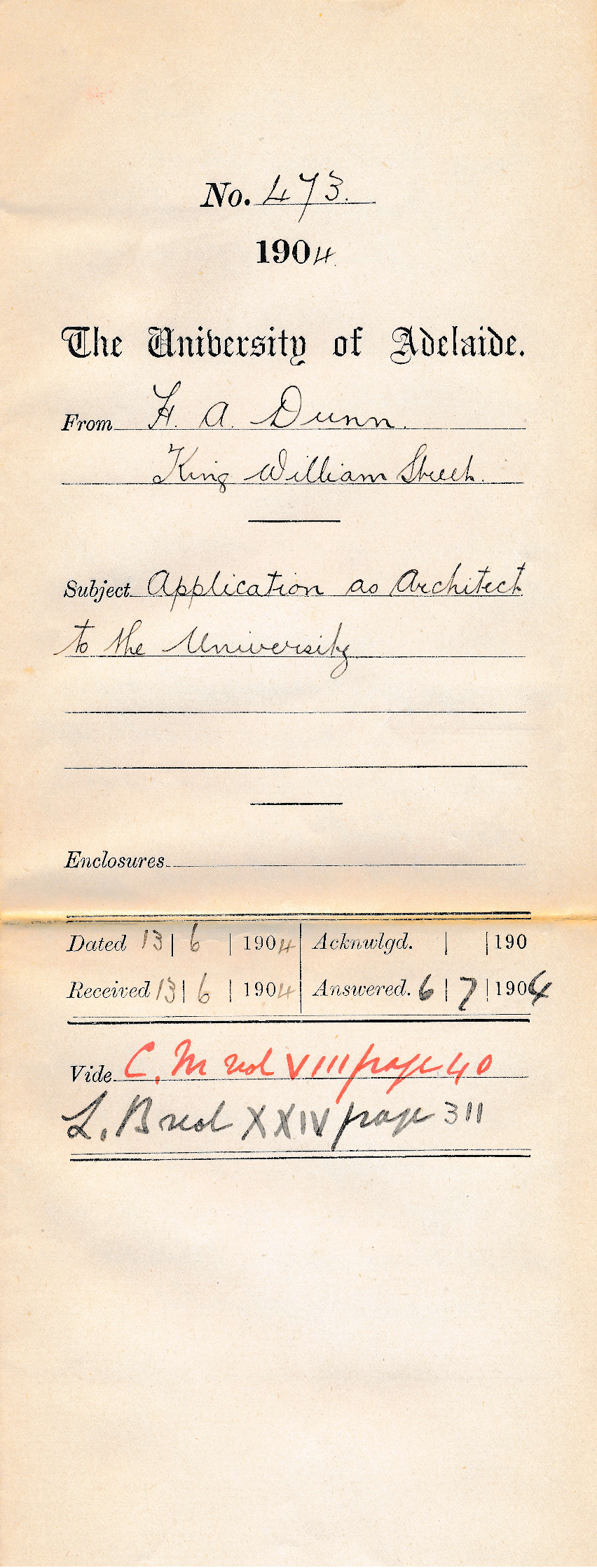 Application as Architect to the University